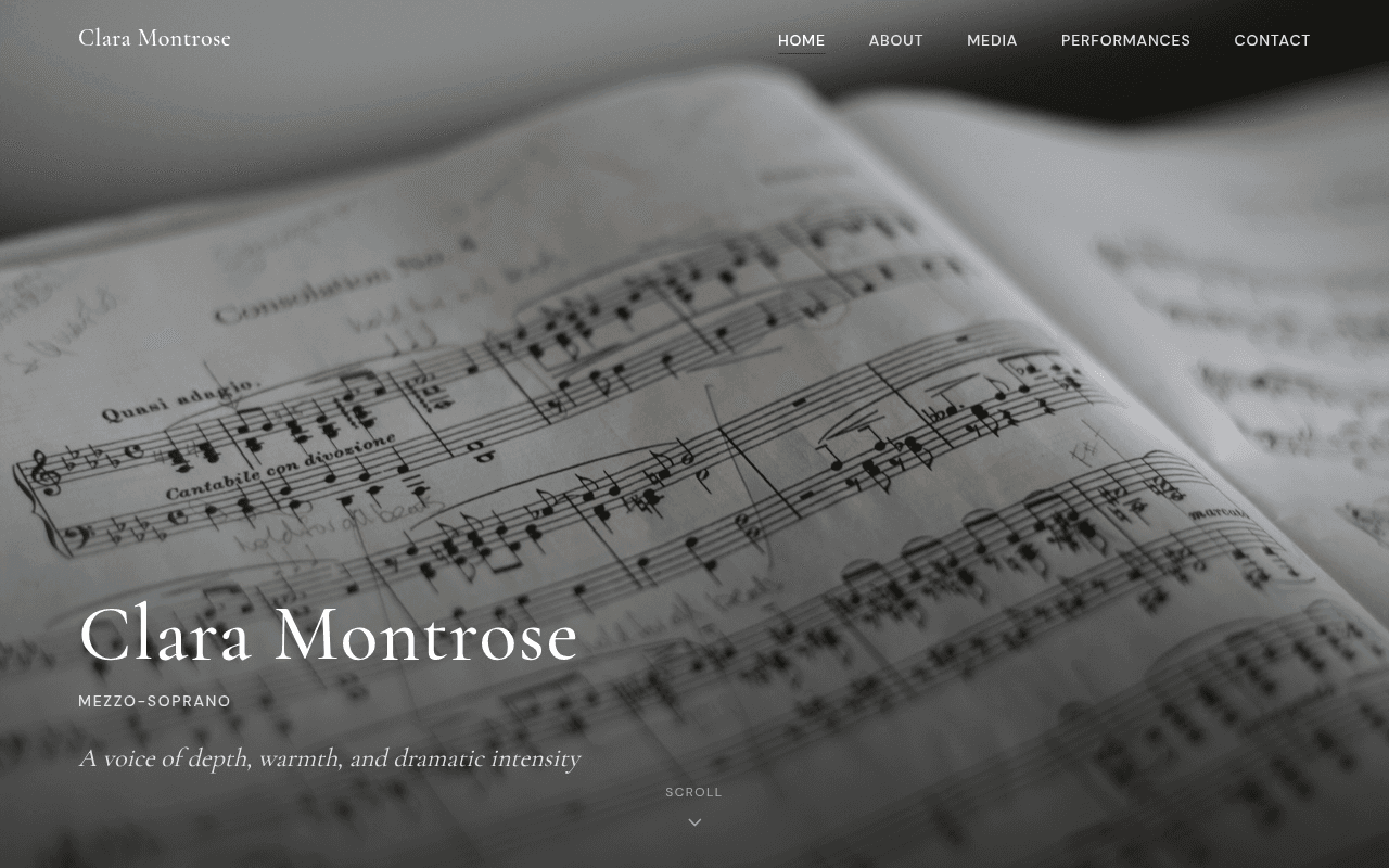 Clara Montrose opera portfolio website homepage