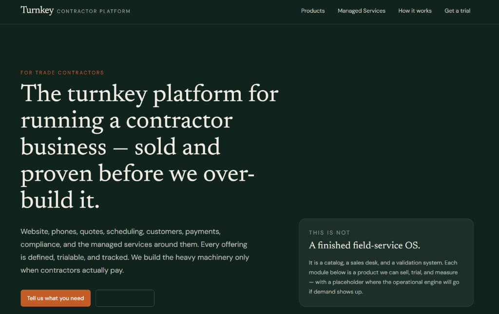 Turnkey Contractor Platform homepage — The turnkey platform for running a contractor business